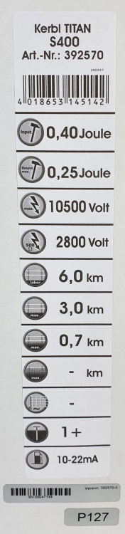 Elektryzator solarny TITAN S 400, dla koni, bydła i małych zwierząt, 0,25 J, Kerbl