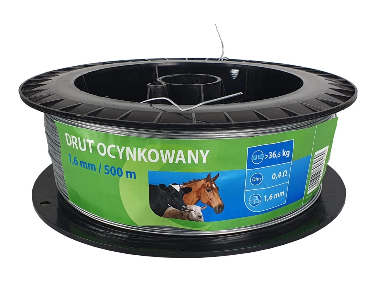 Drut ocynkowany do ogrodzeń elektrycznych dla koni i bydła, 1,6 mm, 500 m