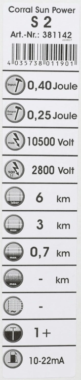 Elektryzator solarny Corral SunPower S 2, dla koni, bydła i małych zwierząt, 0,25 J