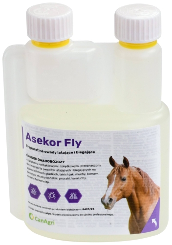Preparat na owady latające i biegające do polewania skóry zwierząt ASEKOR FLY, bezbarwny, 600 ml