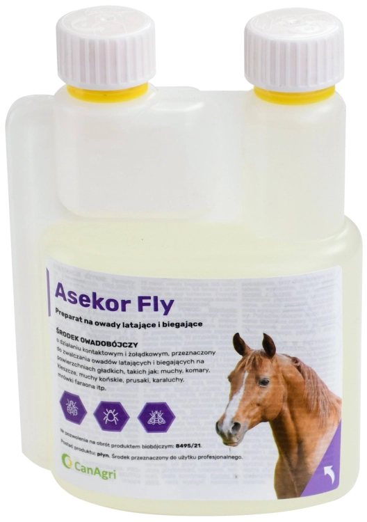 Preparat na owady latające i biegające do polewania skóry zwierząt ASEKOR FLY, bezbarwny, 600 ml