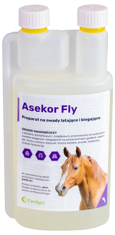 Preparat na owady latające i biegające do polewania skóry zwierząt ASEKOR FLY, bezbarwny, 1000 ml