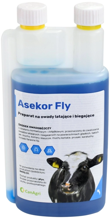 Preparat na owady latające i biegające do polewania skóry zwierząt ASEKOR FLY, niebieski, 1000 ml