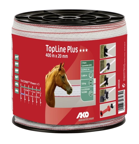 Taśma ogrodzeniowa TOP LINE Tricond, 400m x 20mm, biało-czerwona, AKO